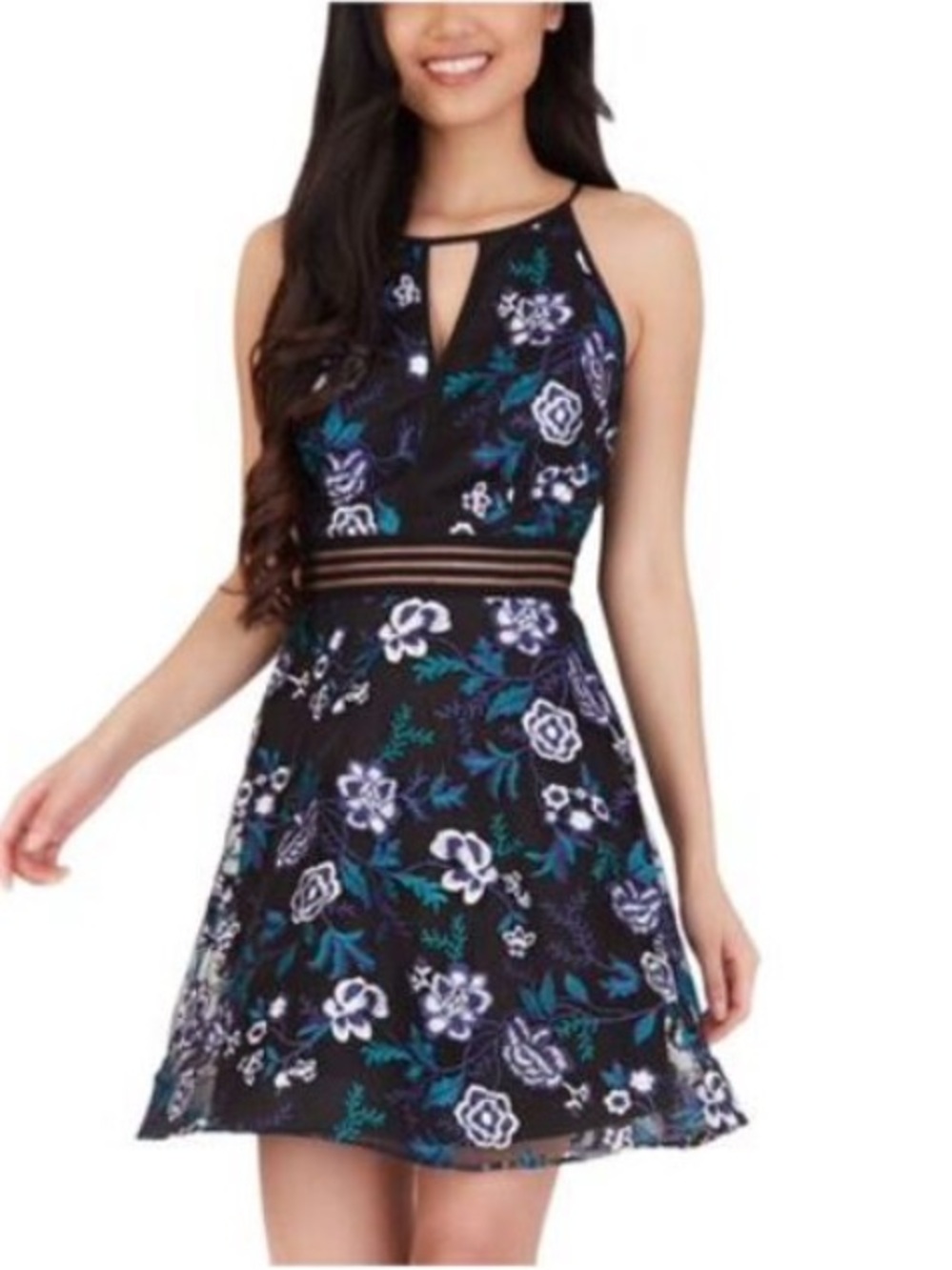 BCX‎ Black Floral Embroidered Fit Flare Cocktail Dress Sleeveless Size 13